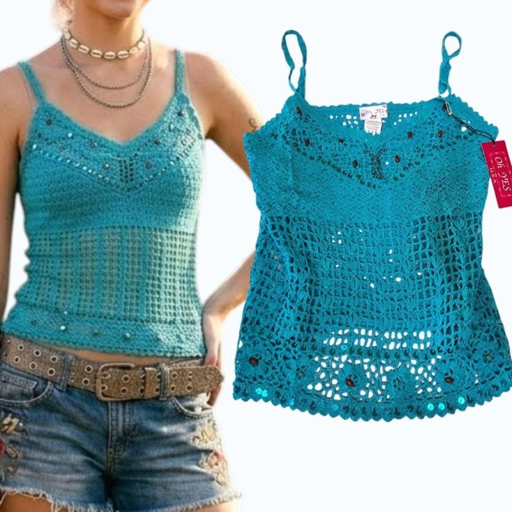 ✨ VINTAGE Y2K DEADSTOCK SEQUIN AQUA CROCHET TOP LARGE✨